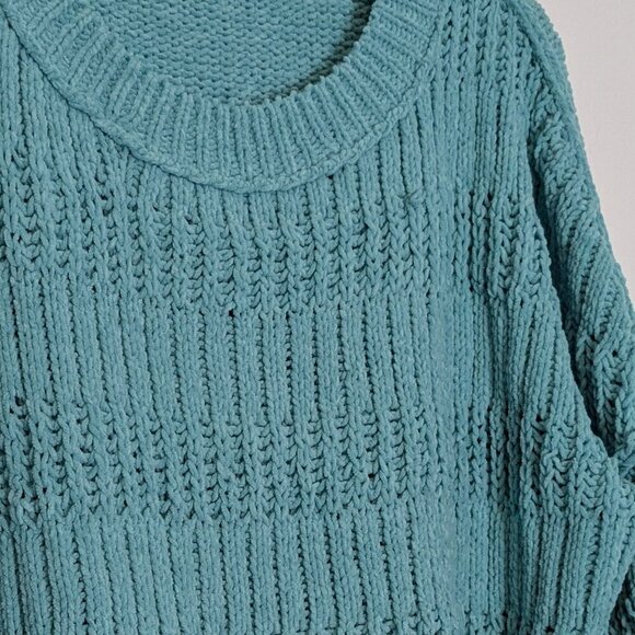 NEW IN Teal Blue Long Sleeve Pullover Crew Neck Boxy Chenille Sweater; Size M - Picture 2 of 6